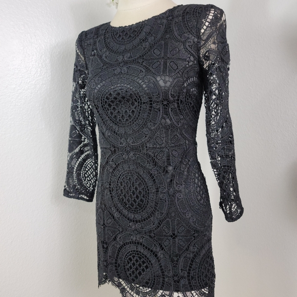 MLM LABEL BLACK LACE NUDE ILLUSION MINI LONG SLEEVE DRESS SZ SMALL - Picture 10 of 16